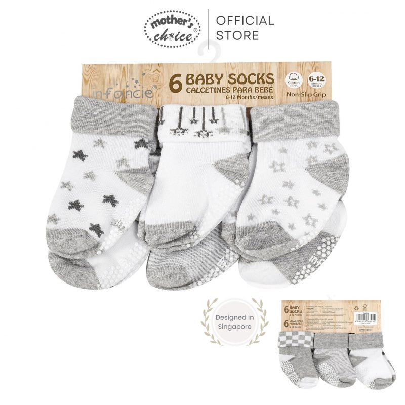 Tất cho bé sơ sinh Mother's Choice 6 đôi tất cổ gập, có chống trượt, chất liệu co giãn mềm mại ôm chân